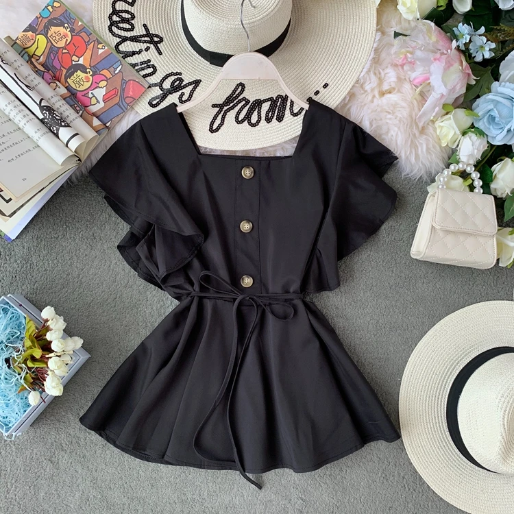 

Women Chiffon Blouse New Summer Fashion Butterfly Sleeve Elegant Shirts Ladies Square Collar Office Casual Tops