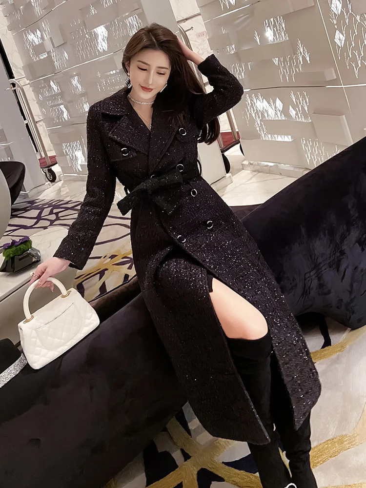 

Autumn and Winter 2021 New Korean Black Tweed Coat Women's Middle Long Temperament Tweed Double Breasted Woolen Coat