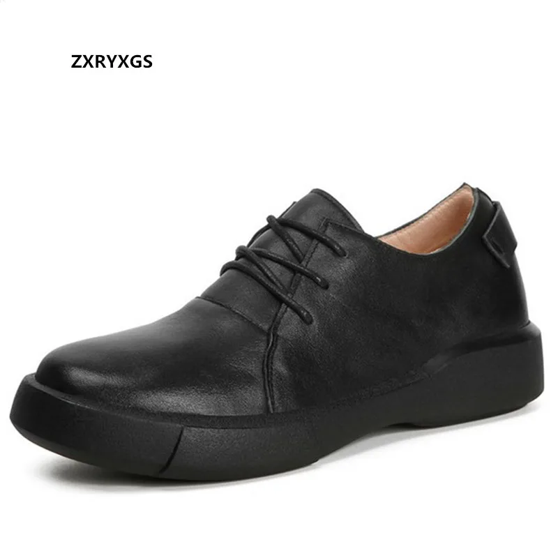 

100% Natural Full Genuine Leather Black Shoes Women Casual Shoes 2022 New Lace-up Autumn Shoes Flat Soft Sole Comfortable Shoes