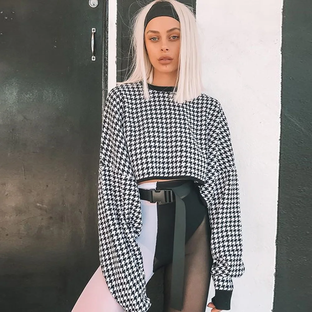 Осенне зимняя новинка модная женская клетчатая толстовка кроп топы повседневные