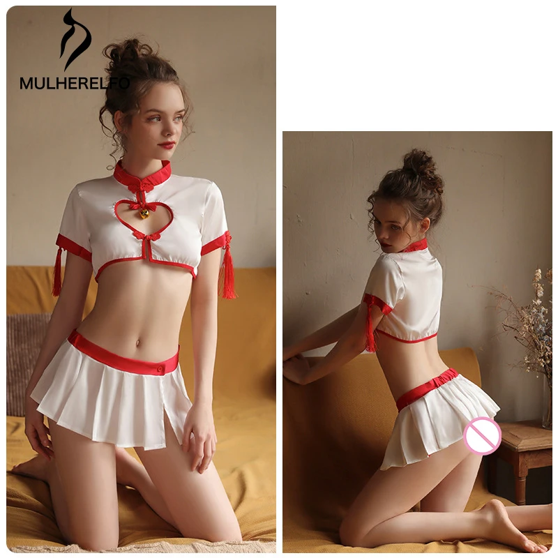 

Sexy Stand Collar Hollow Women's Pajamas Erotic Short Sleeves Chinese Knot Female Sleepwear Mini Skirt Thong Top 3-Pieces Set