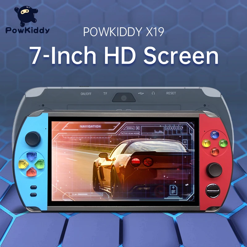 

Консоль игровая POWKIDDY X19 портативная, 7 дюймов, двойной джойстик, геймпад, 3000 игр