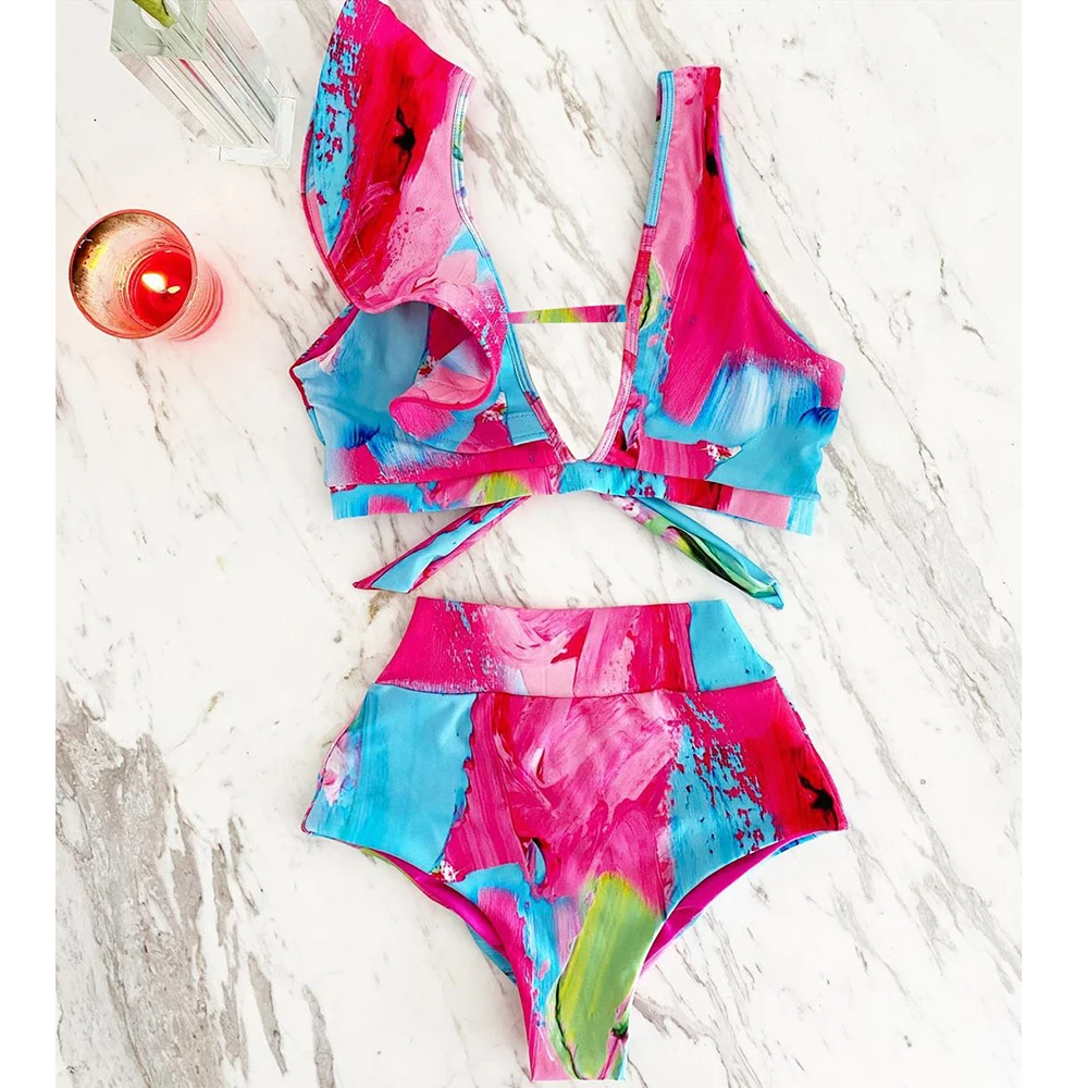 Новинка 2020 бикини с акварельной краской комплект для женщин v-образный вырез