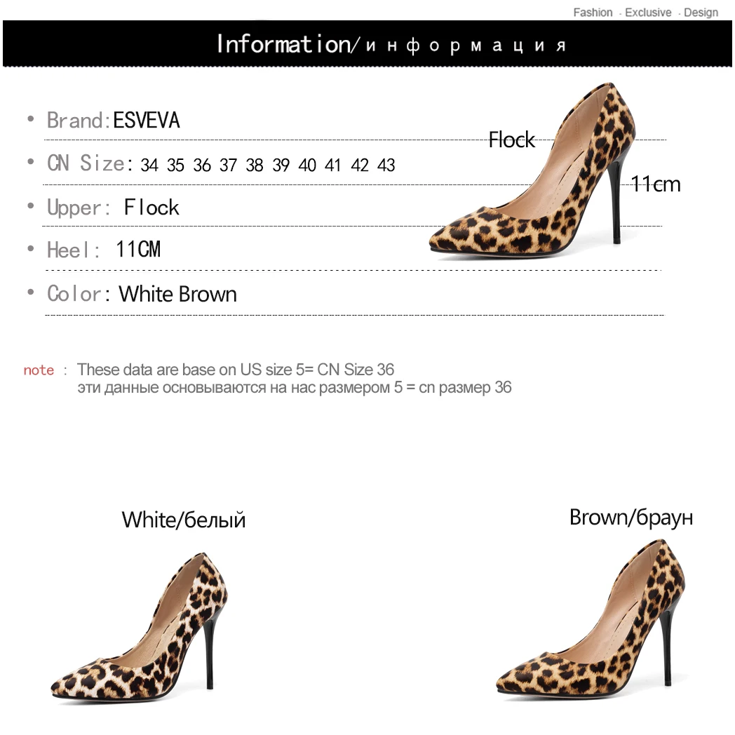 

ESVEVA 2019 Women Pumps Thin High Heel Pointed Toe Flock+PU Leopard Elegant Slip On Sexy Pointed Toe Shoes Size 34-43