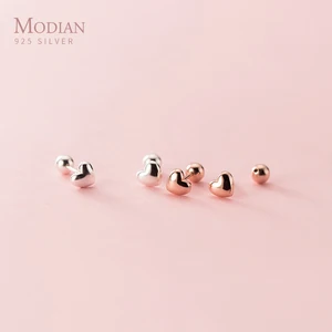 Женские серьги-гвоздики Modian из настоящего серебра 925 пробы, блестящие сердца цвета розового золота, изящная бижутерия
