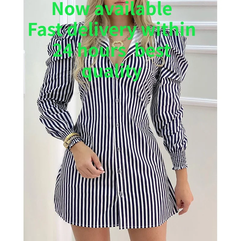 

Новинка 2021, Модное Элегантное Длинное мини-платье-рубашка в полоску с рукавами-фонариками и полосками, офисные женские топы с зауженной тал...