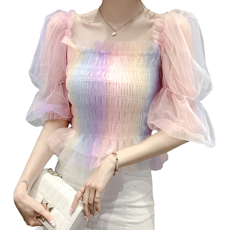 

Rainbow Chiffon Shirt Women 2021 Summer New Sweet Rainbow Shirt Puff Sleeve One Shoulder Square Collar Slim Short Women Tshirts