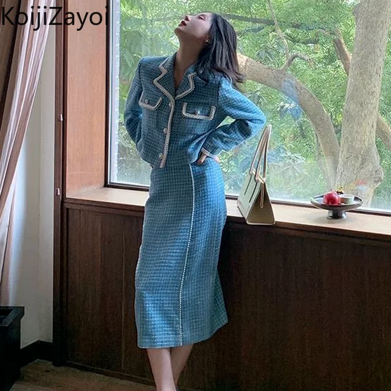 

Koijizayoi Women Tweed Two Pieces Set Fashion Button-up Short Plaid Jacket+High Waist Bodycon Midi Skirts Long Sleeve Suits 2pc