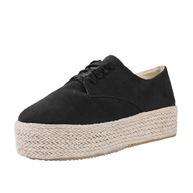 Puimentiua Fashion Women Ladies Espadrille Shoes Canvas Thick bottom Flats Shoes Girls Lace up Round Toe Casual Flats