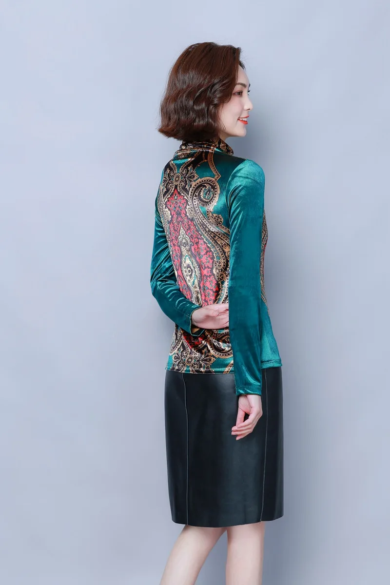 

Fashion Autumn winter Women Contrast color printing turtleneck Tops Long Sleeve velvet casual Bottom T Shirt