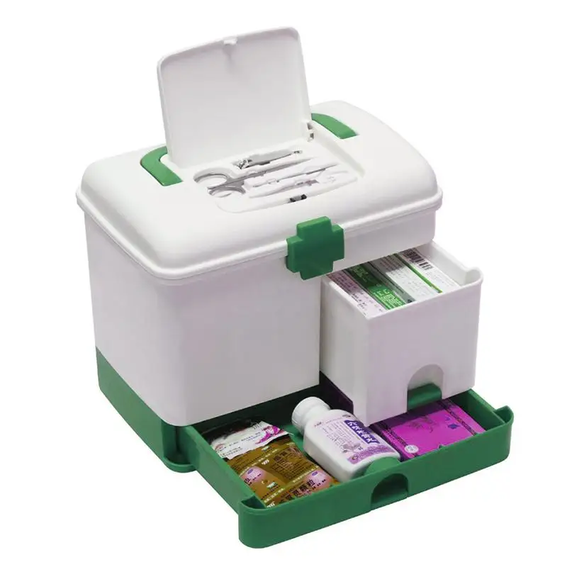

1PC Home Medicine Storage Box Plastic Multiple Layer Emergency Medicine Storage Box Handy Home First Aid Kit Case(Green)