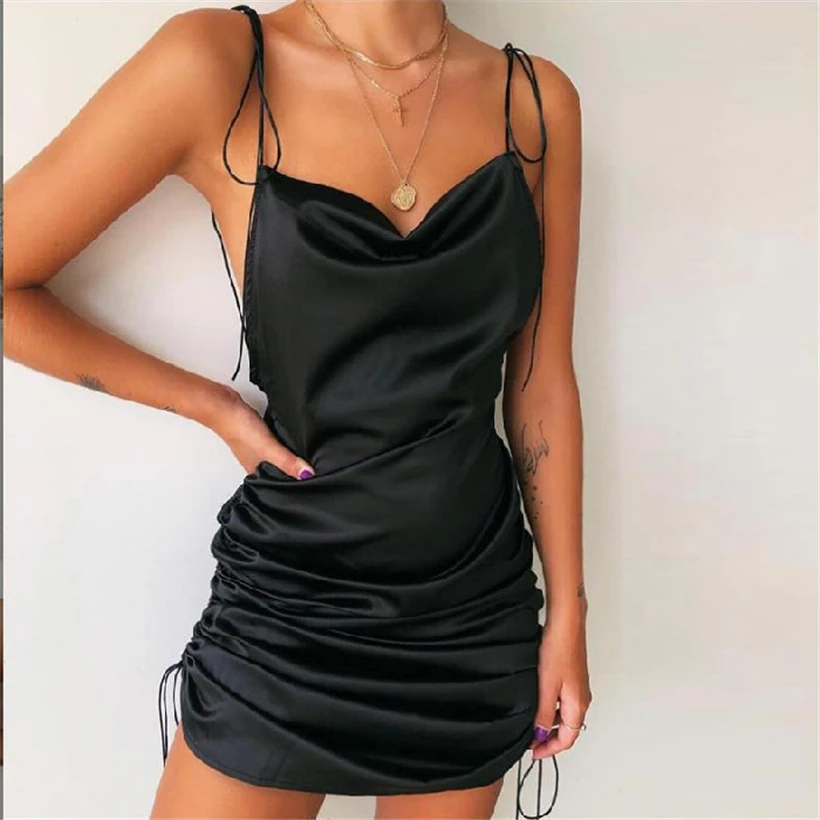

Fashion Women Summer Spaghetti Straps Backless Sleeveless Sexy Dresses Bottom Length Adjustable Ladies Casual Party Dress