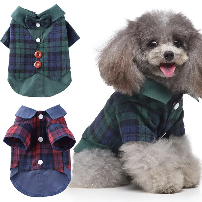 

Unique Gentleman Plaid Dog Shirts Pet Clothes With Bow Pet Wedding Suit Plaid Formal Shirt For Small Dogs Cat Pet Supplies
