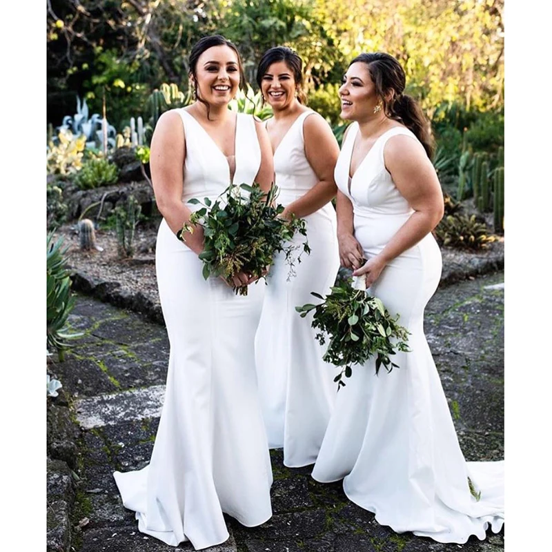 Белое Атласное длинное платье подружки невесты Русалочки 2020 без рукавов с