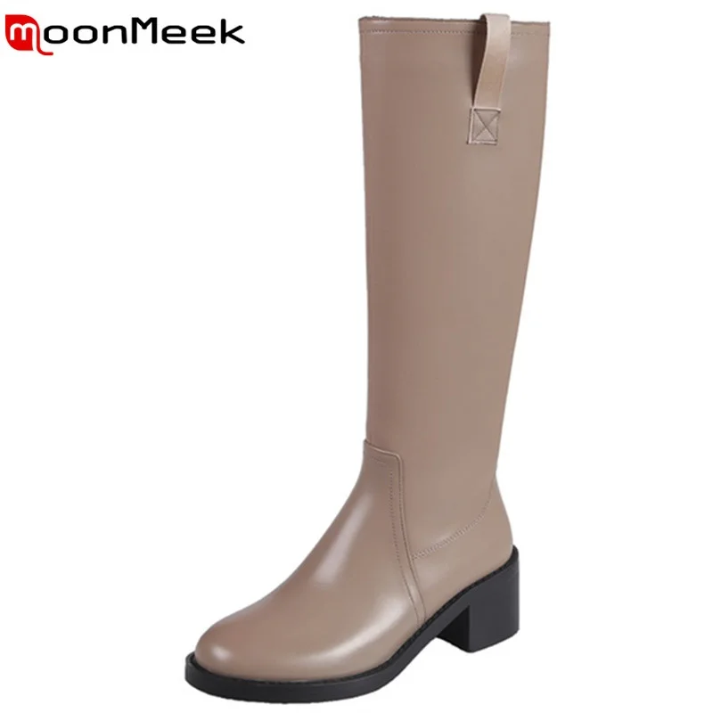 

MoonMeek 2022 Cow Leather Shoes Square Heels Knee High Boots Comfortable Leisure Ladies Boots Spring Autumn Top Quality Big Size