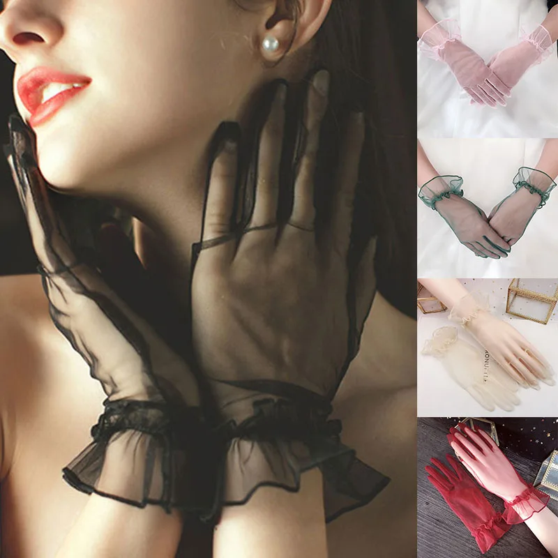

Lotus Leaf Sheers Lace Gloves Nylon 1 Pairs Full Finger Gloves Sexy Lace Lady Gloves Etiquette Gloves Short Tulle Party Gloves