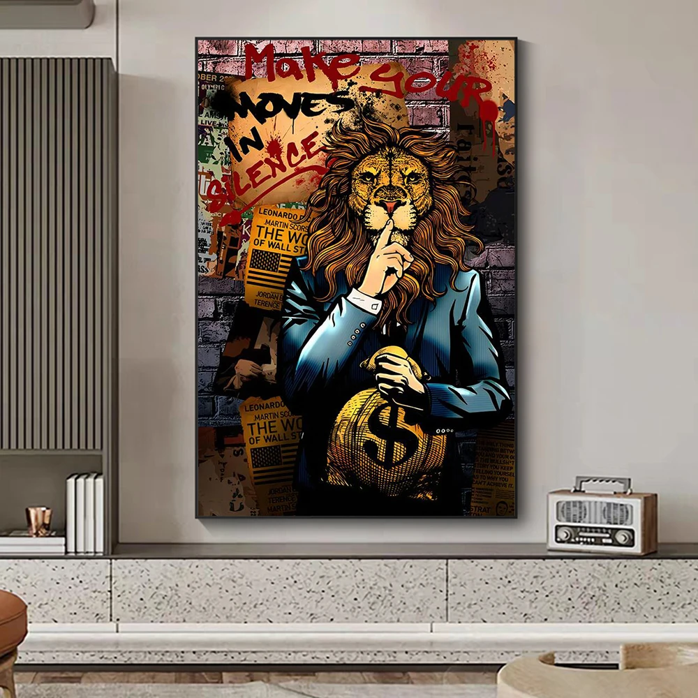 

Ferocious Tiger And Cartoon Graffiti Lion Holding Money Bag Modern Home Decoration Accessories For Living Room Canvas Painting