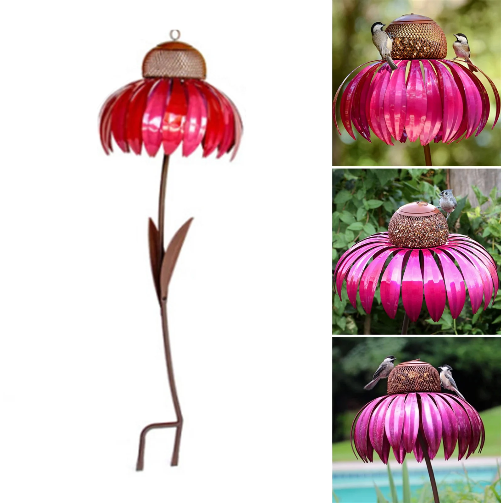 

Sensation Pink Coneflower Bird Feeder Standing Bird Feeder Outside Garden Art Metal Birdfeeder with Stand FPing