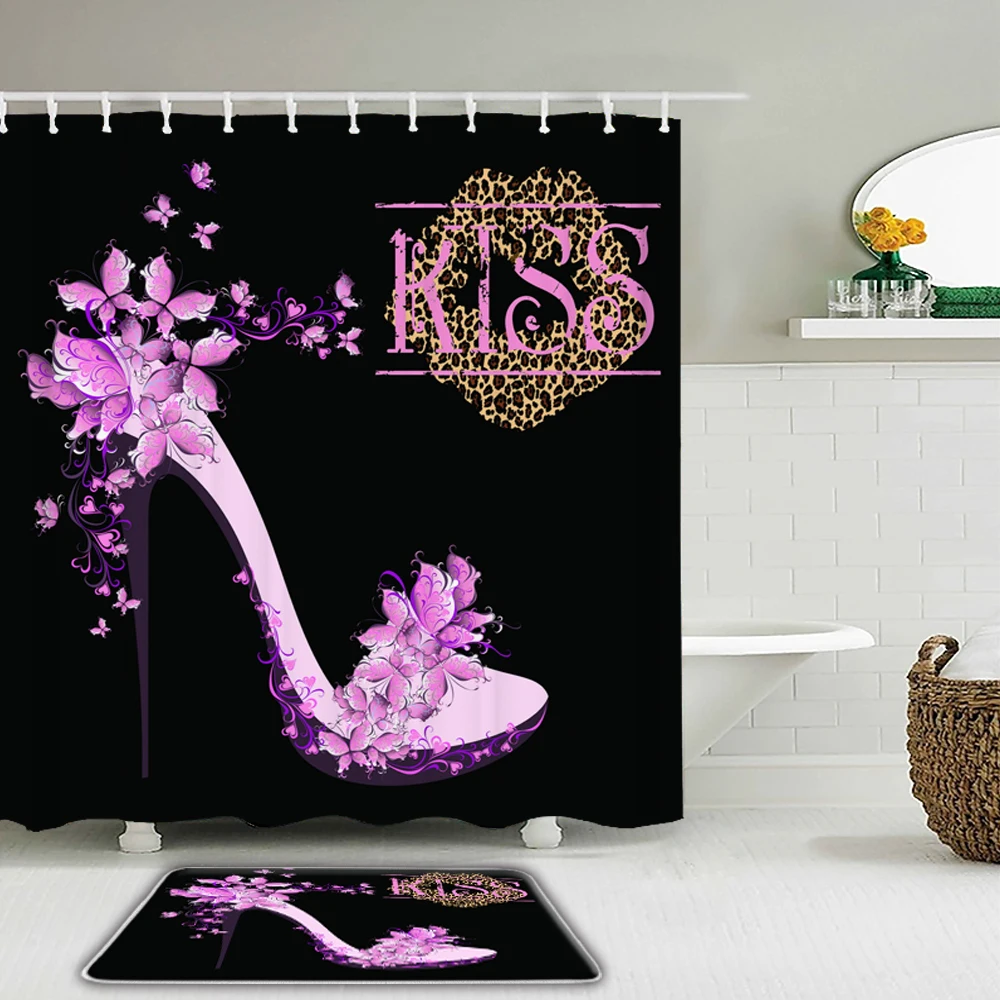 

Love kiss Romantic Rose Butterfly High Heels Woman Shower Curtain Set Non-Slip Mat Toilet Bath Mat Waterproof Bathroom Curtains