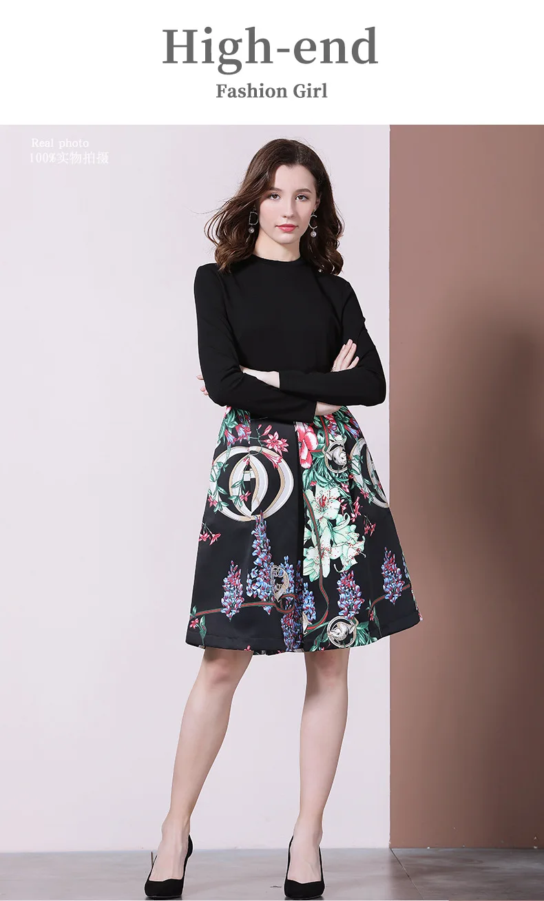 

Female Spring And Summer 2021 New Round Neck Long Sleeve Printed Ladies Dress Women's Slim A-line Skirt Dresses Lady Clothing