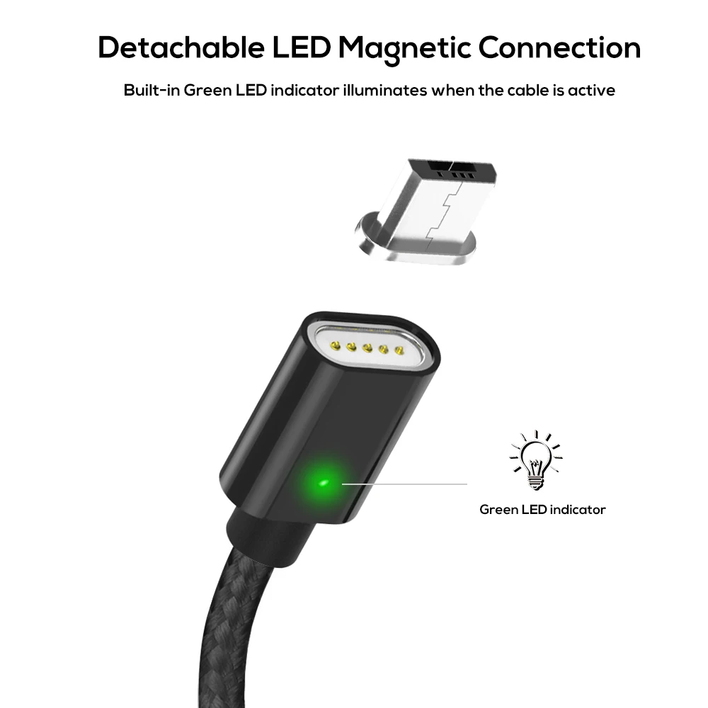 Магнитный Micro USB кабель TOPK AM21 со светодиодной подсветкой нейлоновый Плетеный