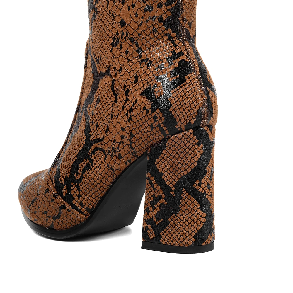 

Women Snake Knee High Boots Winter Warm Boots For Women Thick High Heel Round Toe Slip On Women Booties Large Size 34-43