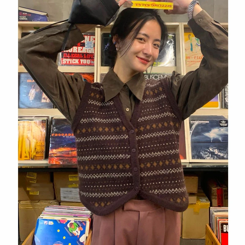 

St312 Women Waistcoat Cardigan Color Patchwork Button v-Neck Preppy Style Sweet Girlfriend Casual Sleeveless Knitted Sweaters