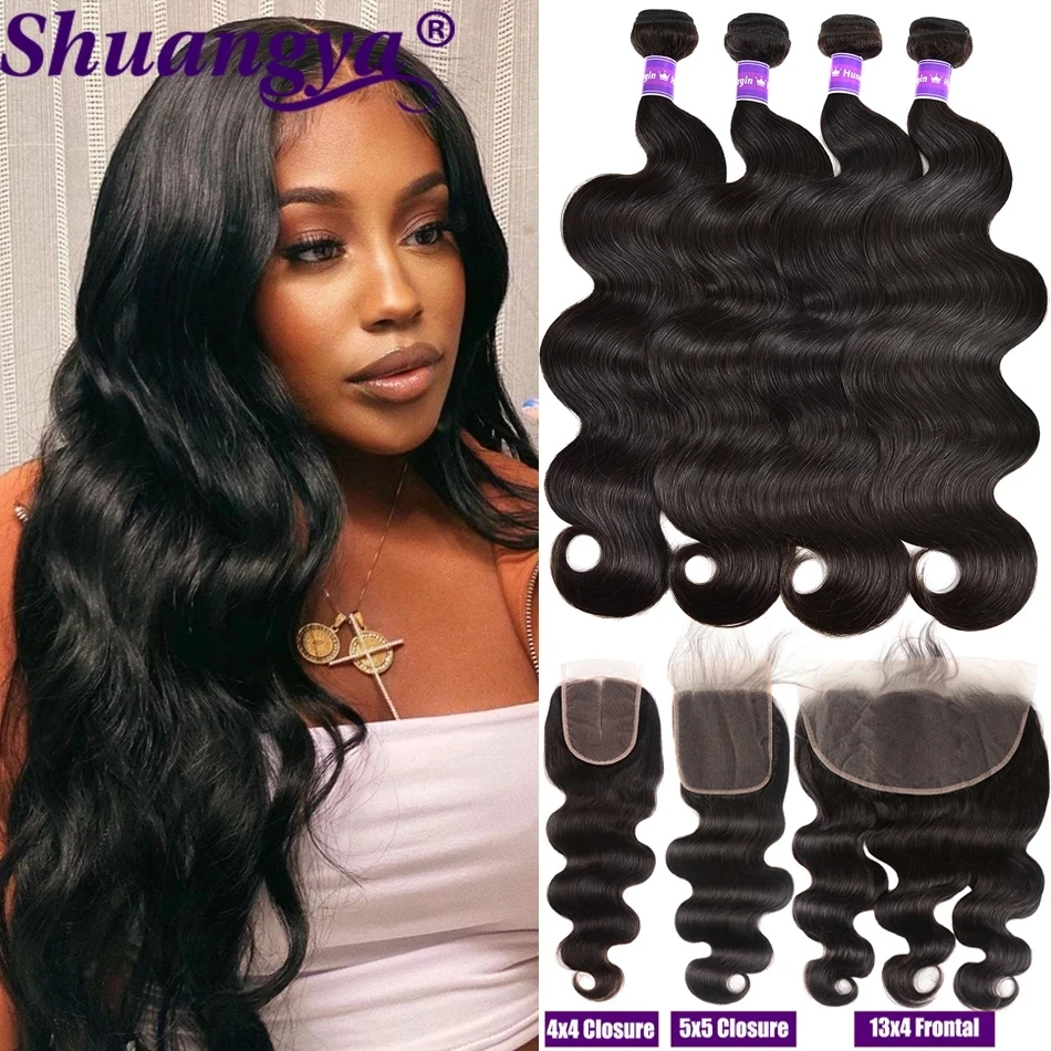 

Shuangya Human Hair Bundles With Closure Body Wave Peruvian Remy Hair Bundles With Frontal 4x4 5x5 HD Lace Closure With Bundles