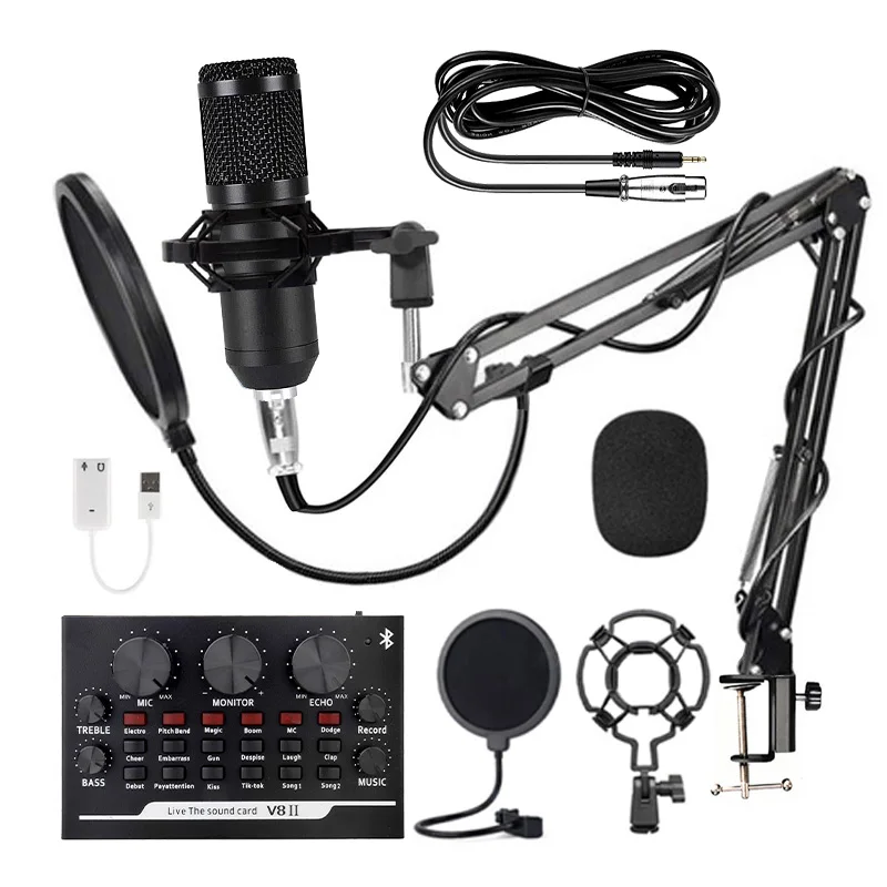 

Condenser Professional Microphone BM800 Kit PC Gaming Microfone with Shock Mount+Foam Cap+Sound Card Recording Microphone bm 800