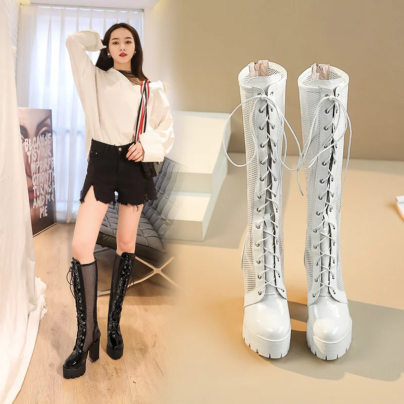 

Summer 2021 New Shoes Woman Designers Hollow Long Boots Female White Natural Genuine Leather Ladies Lace-up High Heels Boots