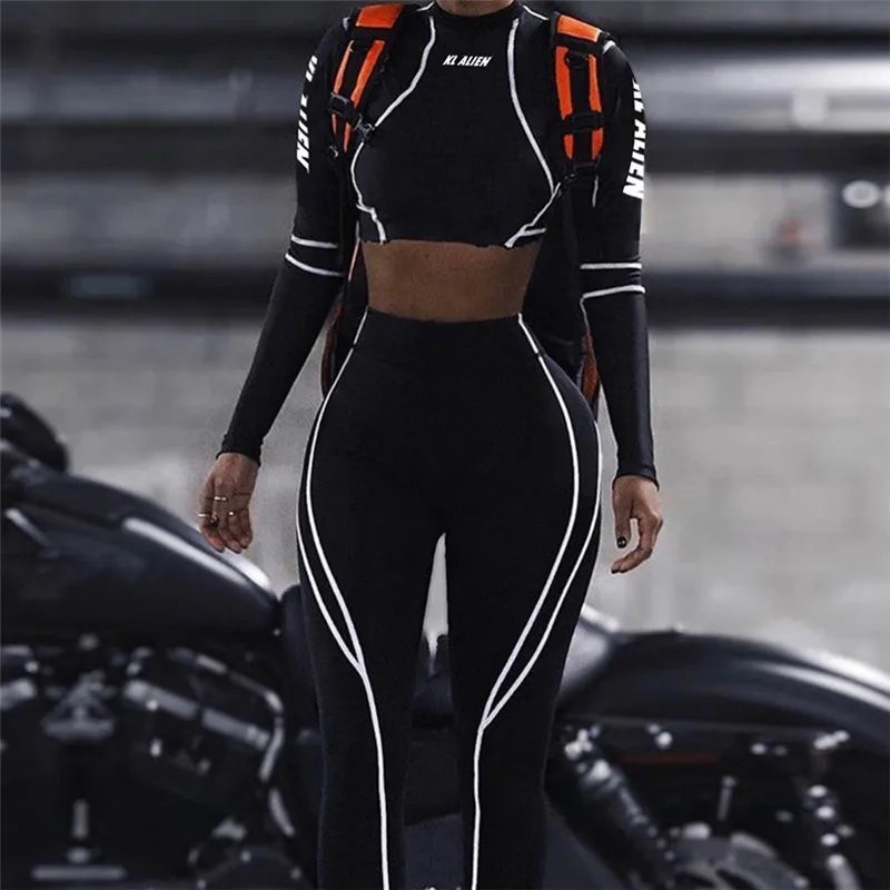 

Cyber Punk Elctronics Feeling Reflective Long Sleeve Top With Trousers Set Elastic