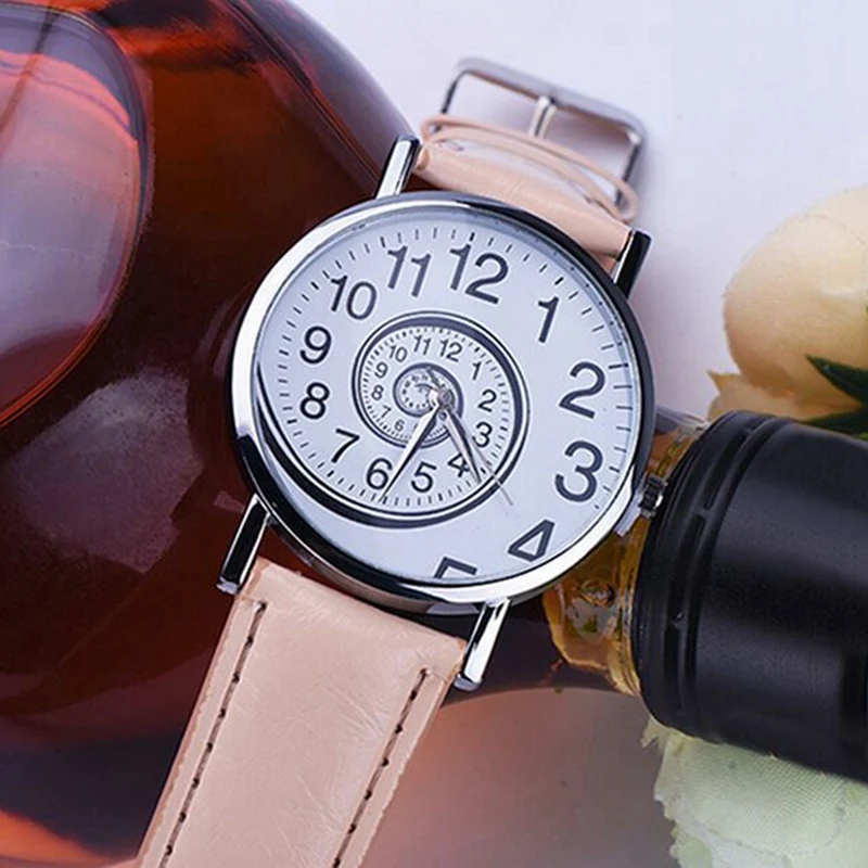 

Female Watch Cute Girl Ladies Swirl Dial Cute Quartz Watch Leather Strap Analog Quartz Watch