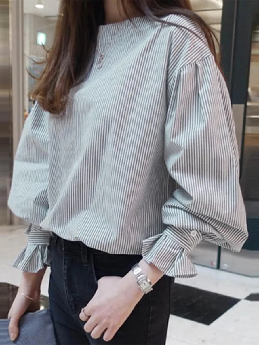 

Women Blouse Tee Stripe Round Neck Lantern Sleeve Pullover Korean Spring Autumn Long Sleeve Office Ladies Causal Tops Shirts