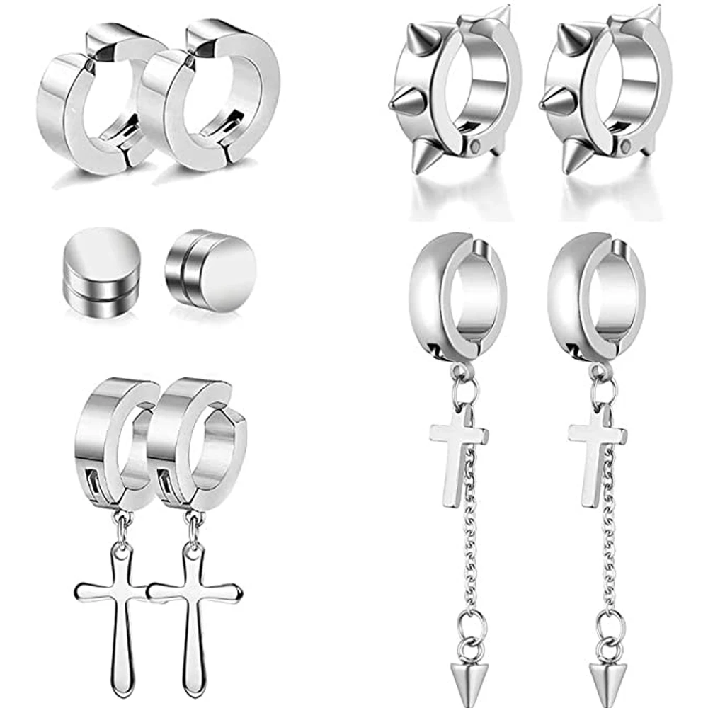 

5 Pairs Stainless Steel Non-Piercing Spike Rivet Cross Dangle Tassel Clip on Hoop Set Fake Ear Clip Magnetic Stud Earrings