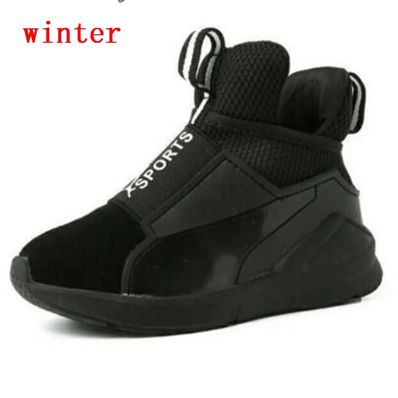 black winter Детская спортивная обувь; кожаная обувь для мальчиков и девочек; детская повседневная обувь хорошего качества; кроссовки; цвет черный, красный; удобная детская обувь на плоской подошве - Цвет: black winter