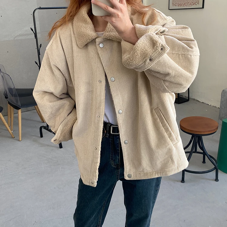 

2 Colors 2020 autumn Korean Style Cotton Jacket Winter women coat casual loose lamb fur corduroy Cotton Paddeds jacket (F4194