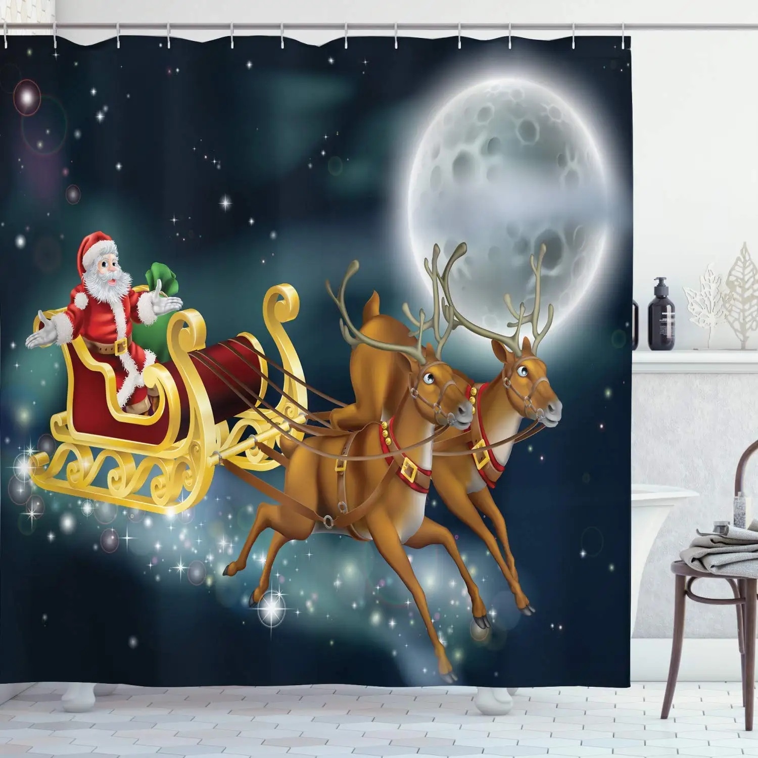 

Christmas Decorations Santa with Reindeer in Sledge Flying Dark Magical Starry Night with Full Moon Fantasy Curtain