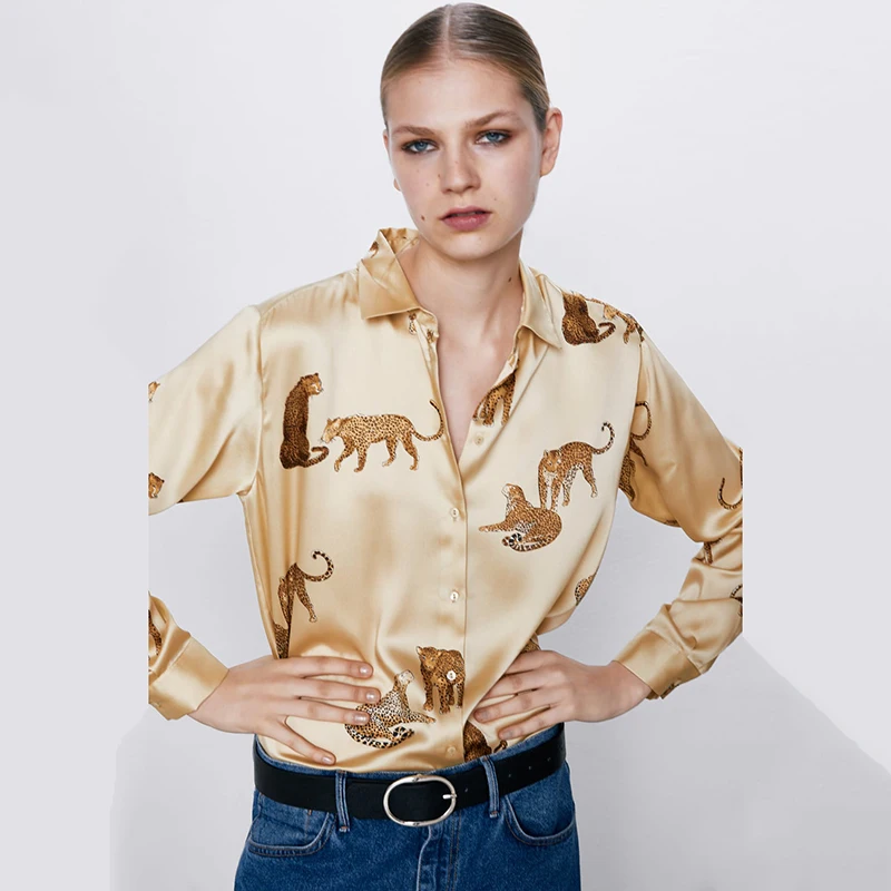 ZA 2019 Новая Осенняя рубашка с драпировкой и принтом шифоновая длинным рукавом