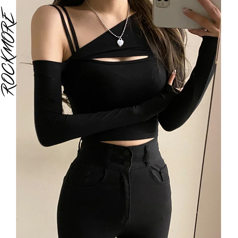 

Rockmore 2 Piece T-Shirt And Cami Crop Top Women Y2K Harajuku Long Sleeve Skew Collar Casual Basic Tight Tees Female Korean