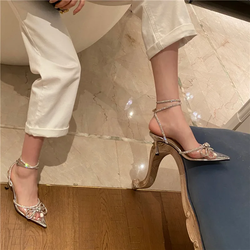 

Summer Women Shoes Girls Rhinestone Sandals Woman Bow Thin Heels Ladies Cross Tied Brand Shoes Female Sandals Zapatos De Mujer