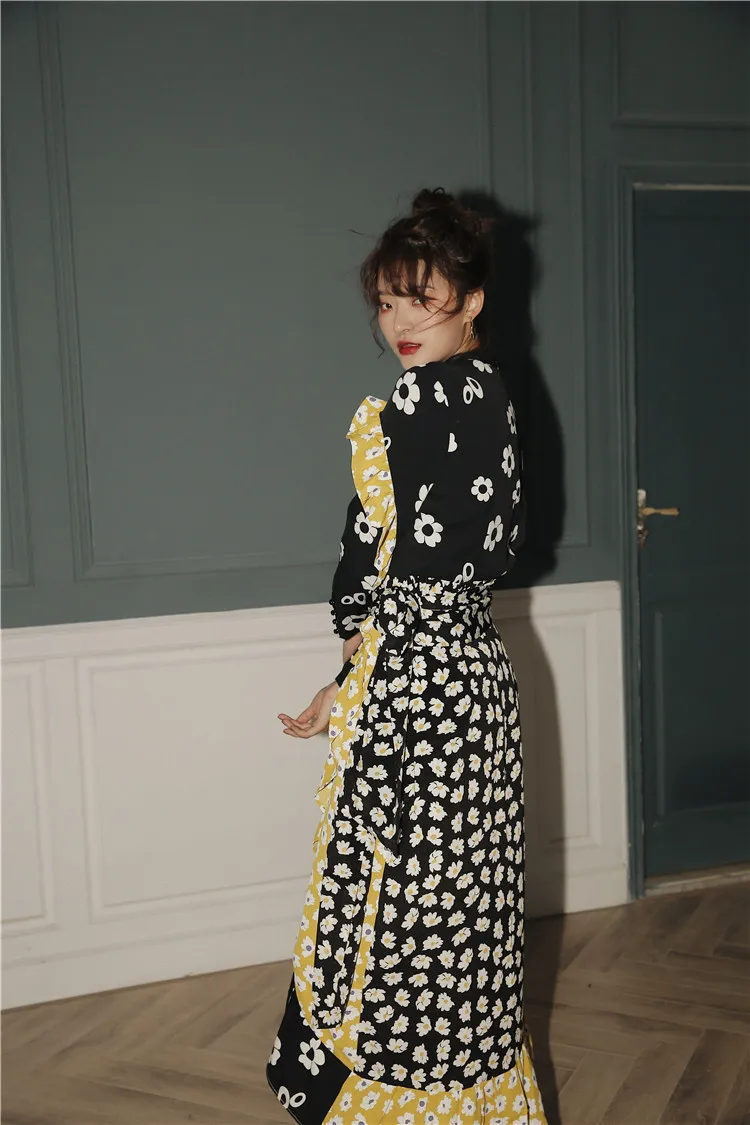 

CHEERART Asymmetrical Floral Skirt Women High Waist Lace Up Ruffle Long Skirt Yellow Black Designer Ladies Skirt Autumn Clothing
