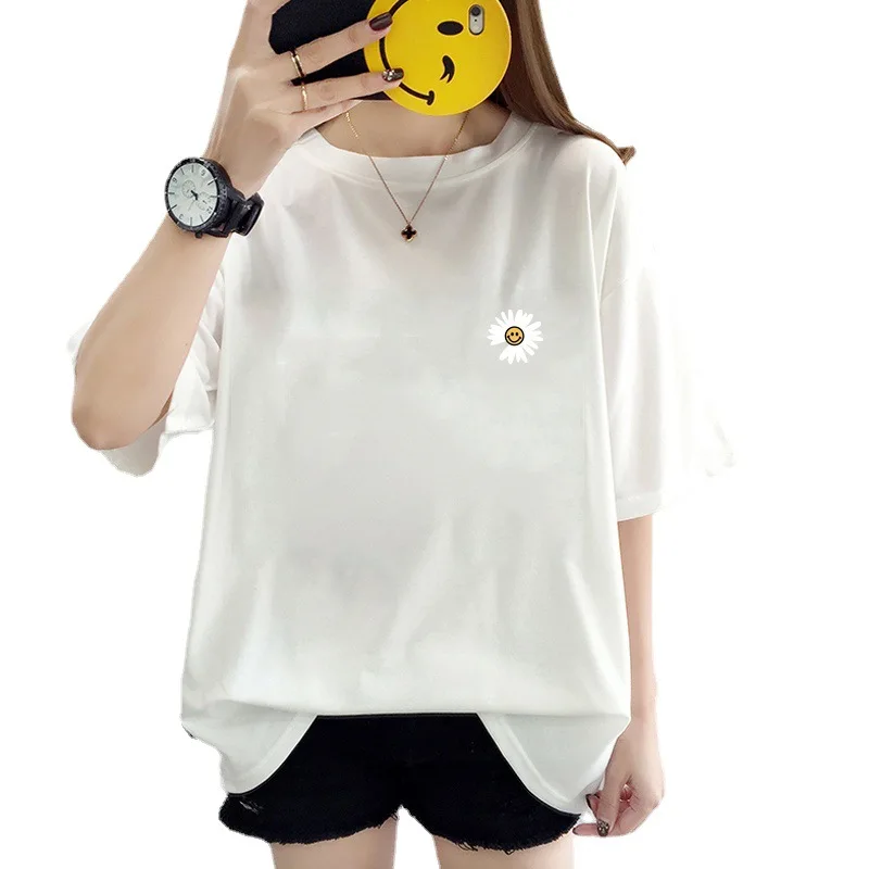 

Korean Mid-Sleeve Round Collar T-shirt 2021 New Summer Loose M-2XL Sport T-shirts Fashion Small Daisy Solid Color Cotton T-shirt