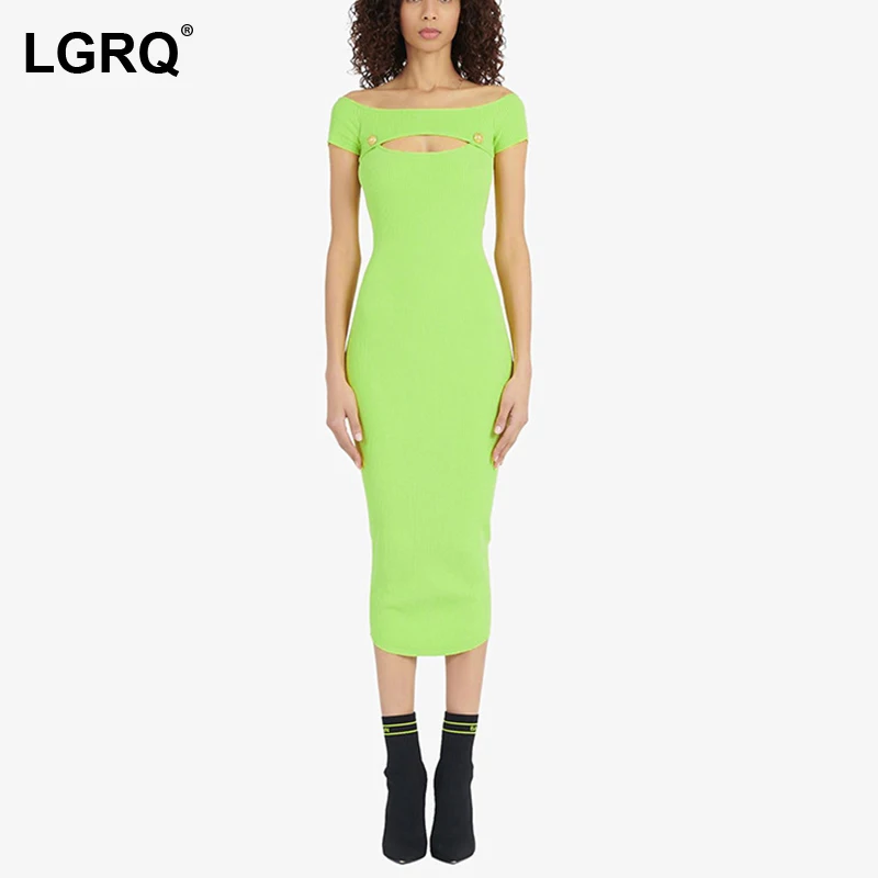 

[LGRQ] Women‘s Hollow Out Metal Button Sexy Skinny Long Dress New V-Neck Sleeveless Fashion Tide Autumn Spring 2021 19D2806