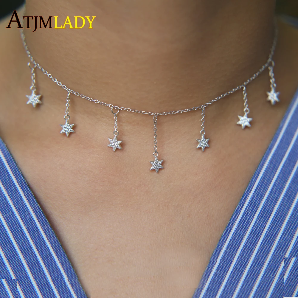 

high quality 100% 925 sterling silver pave AAA cubic zirconia delicate chain Star charm tassel chain choker statement necklace