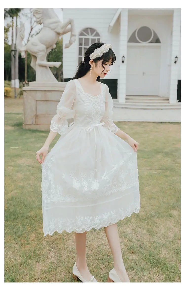 

High-end Simple Dresses for Girl 2021 French Court Puff Sleeve Dress Summer Tight Waist Temperament Half-Sleeve Mid-Calf Dress