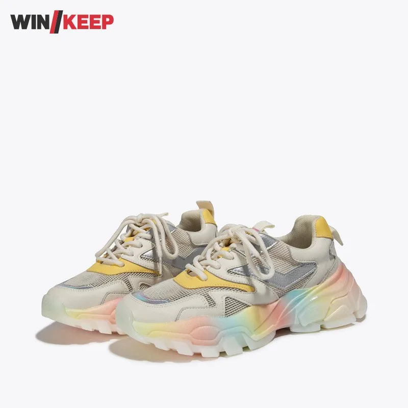 

Женские летние сетчатые дышащие кроссовки для бега на толстой платформе с цветным принтом, кроссовки для бега, спортивная обувь для фитнеса...