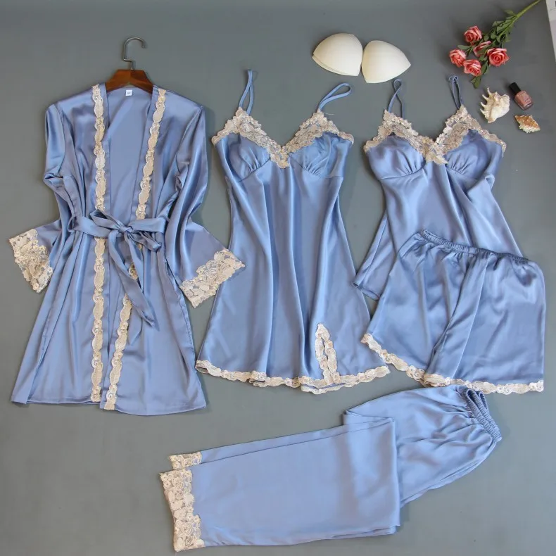 Женские пижамные комплекты из 5 предметов шелковые пятен одежда для сна халат