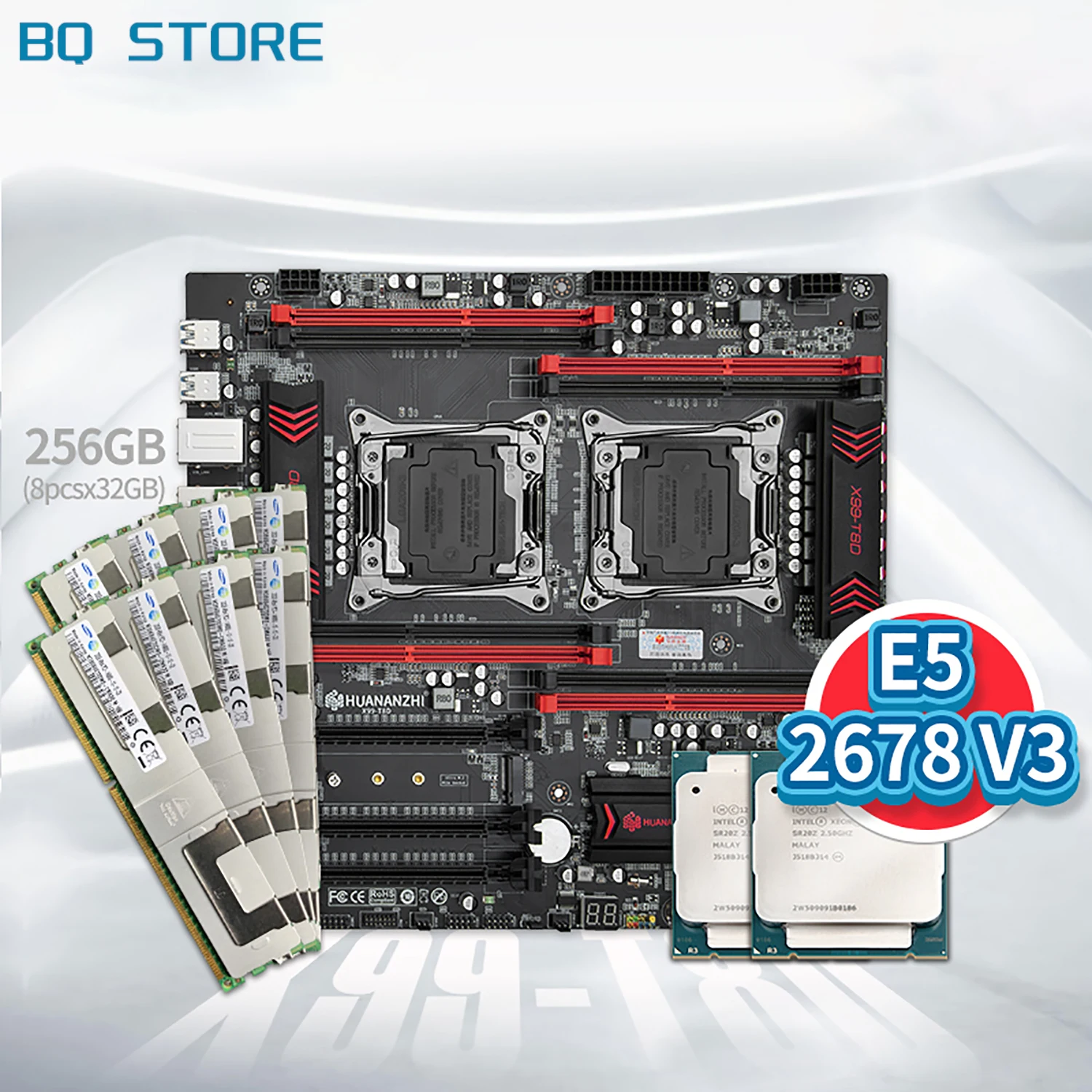 

HUANANZHI X99 T8D X99 Motherboard with Intel XEON E5 2678 V3*2 with DDR3 RECC 8*32G DDR3 RECCmemory combo kit set NVME NGFF USB