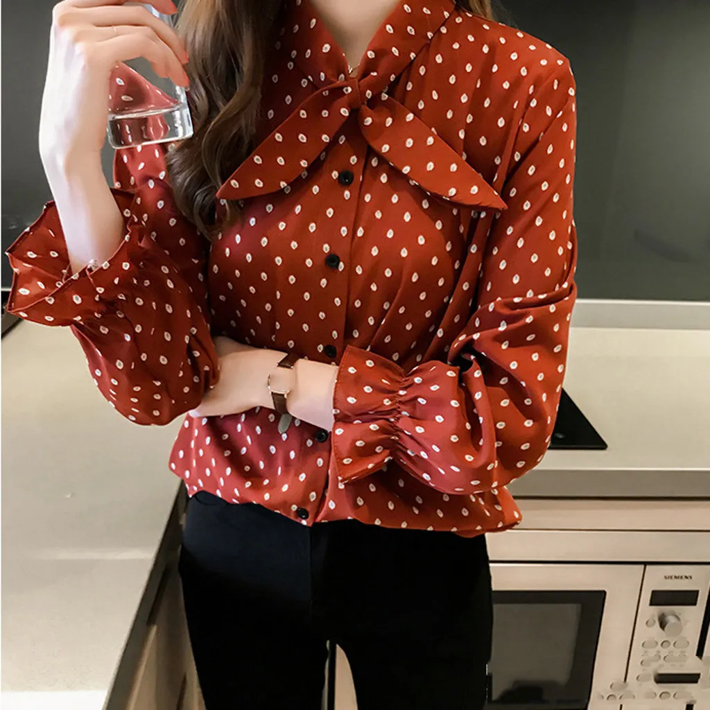 Женские блузы в горошек Повседневная блуза с длинным рукавом рубашка Офисная