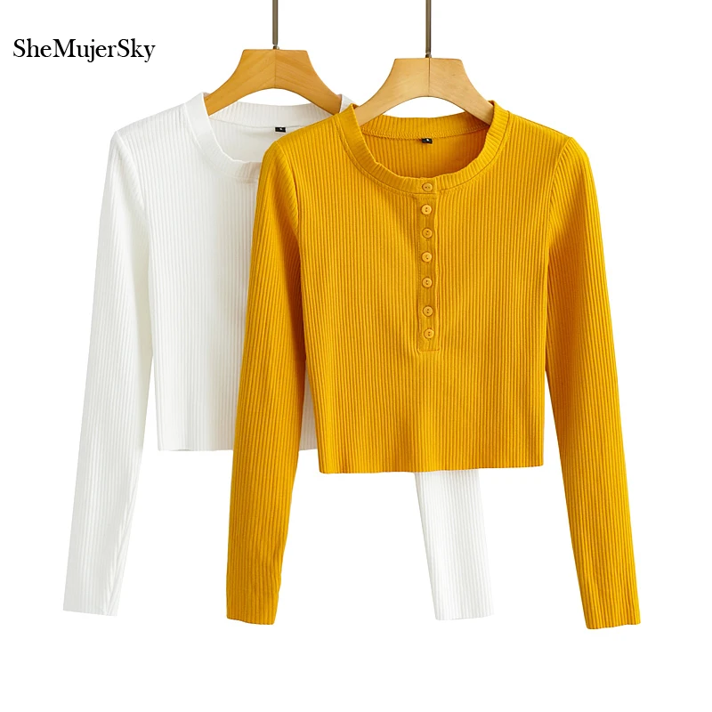 

SheMujerSky Women Long Sleeve O-neck Knitted Blouses White Elastic Slim Cropped Tops 2021 Solid Color Shirts